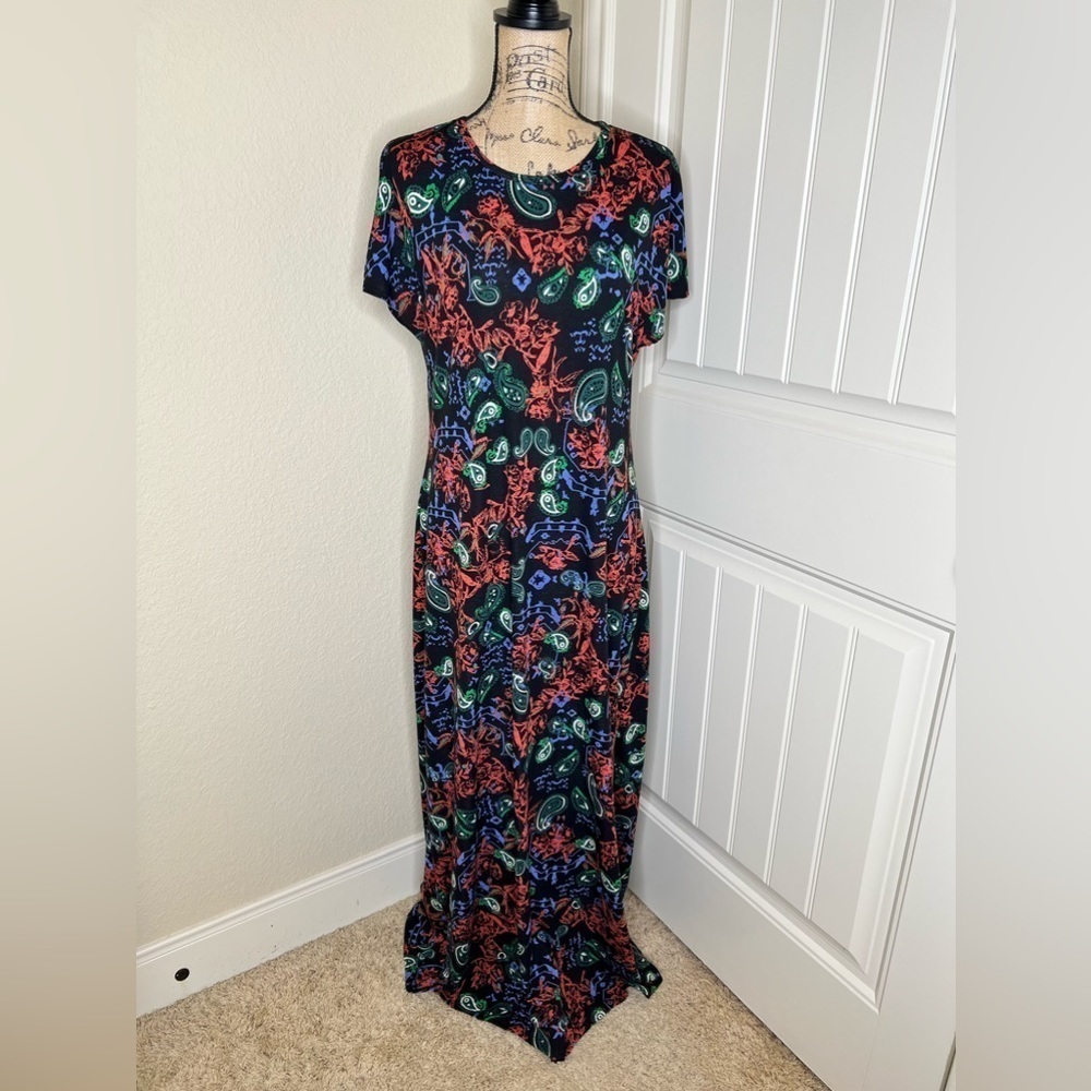 LuLaRoe Discontinued Black with Multicolor Floral Print Ana Dress Size Large - Picture 2 of 9